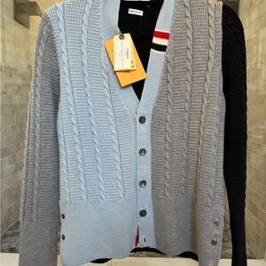 Thom Browne Two-Tone Cable Knit Cardigan - Light Blue, Gray & Black